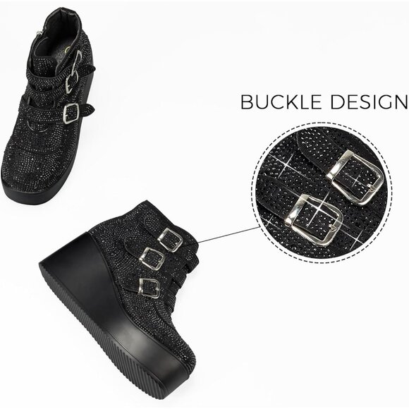 Lucky Step Women Black Round Toe Zipper Wedges High Heel Rave Buckle Booties - Picture 5 of 9